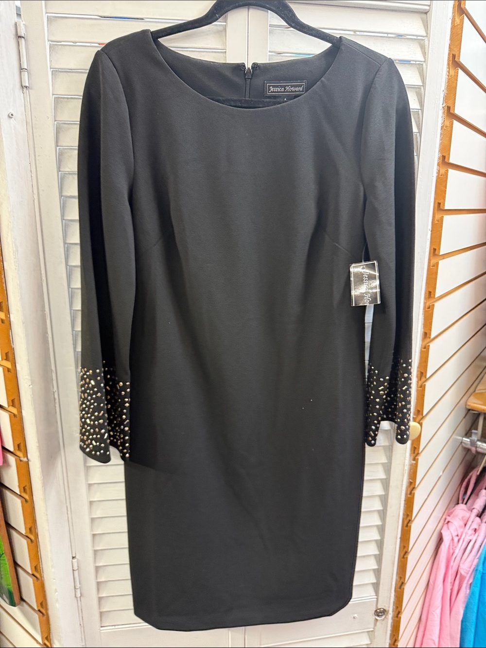 Jessica Howard Black Long Sleeve Sheath Dress with Studded Cuff Detail